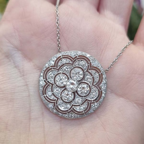 Art Deco 2.2ct Old Cut Diamond Circle Pendant Necklace, circular platinum pendant set with 2.20 carats of old European transitional cut diamonds in stylised floral design