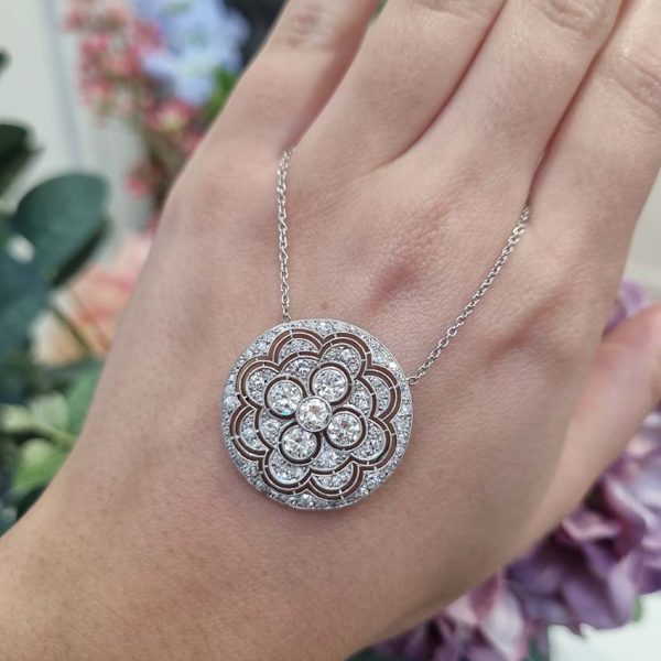 Art Deco 2.2ct Old Cut Diamond Circle Pendant Necklace, circular platinum pendant set with 2.20 carats of old European transitional cut diamonds in stylised floral design