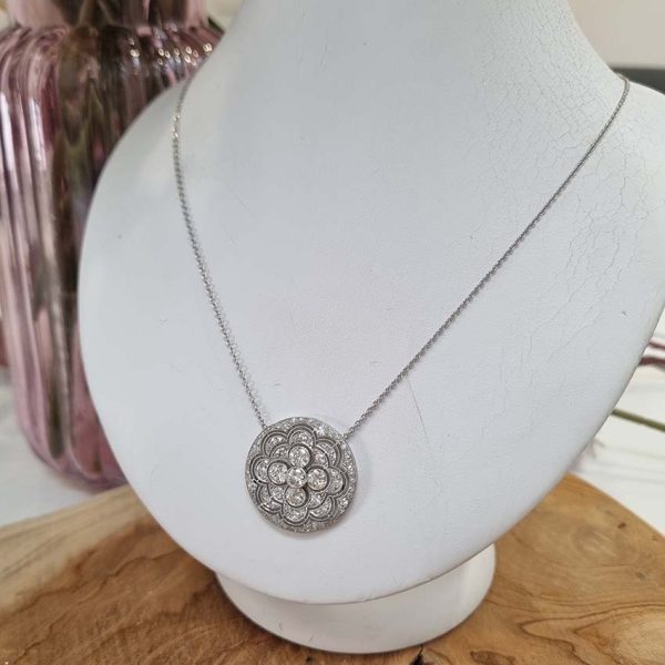 Art Deco 2.2ct Old Cut Diamond Circle Pendant Necklace, circular platinum pendant set with 2.20 carats of old European transitional cut diamonds in stylised floral design