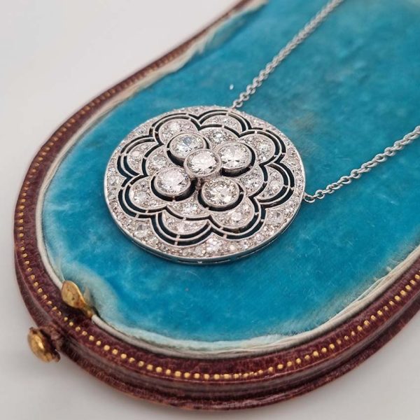 Art Deco 2.2ct Old Cut Diamond Circle Pendant Necklace, circular platinum pendant set with 2.20 carats of old European transitional cut diamonds in stylised floral design