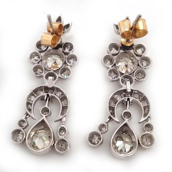 Georgian Antique Old Cut Diamond Girandole Chandelier Drop Earrings, charming chunky old mine cut diamonds in pineapple design cluster top suspending crescent moon with articulated tassel drops in silver upon gold. Circa 1830