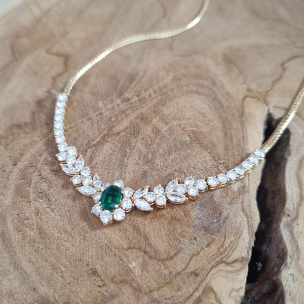 Oval Emerald and Diamond Floral Cluster Pendant Necklace