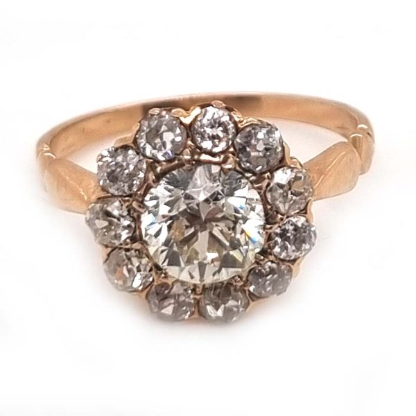 Antique Old Cut Diamond Cluster Engagement Ring, 2.06 carats, 1.06ct old cut diamond surrounded by 1ct of old cut diamonds in 18ct French red/rose blush yellow gold with lozenge detailed shoulders