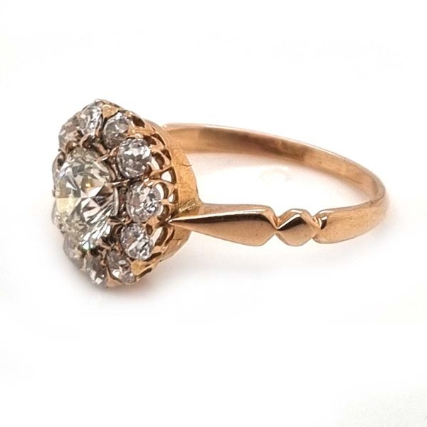 Antique Old Cut Diamond Cluster Engagement Ring, 2.06 carats, 1.06ct old cut diamond surrounded by 1ct of old cut diamonds in 18ct French red/rose blush yellow gold with lozenge detailed shoulders