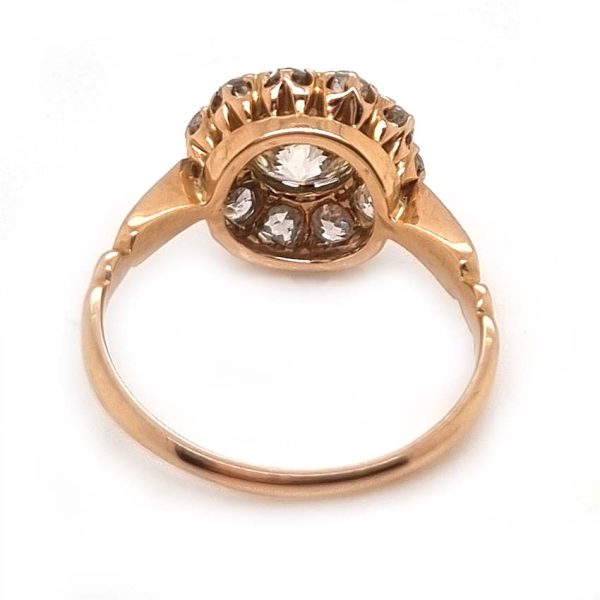 Antique Old Cut Diamond Cluster Engagement Ring, 2.06 carats, 1.06ct old cut diamond surrounded by 1ct of old cut diamonds in 18ct French red/rose blush yellow gold with lozenge detailed shoulders