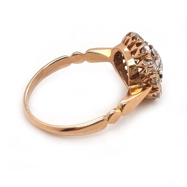 Antique Old Cut Diamond Cluster Engagement Ring, 2.06 carats, 1.06ct old cut diamond surrounded by 1ct of old cut diamonds in 18ct French red/rose blush yellow gold with lozenge detailed shoulders