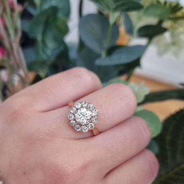 Antique Old Cut Diamond Cluster Engagement Ring, 2.06 carats, 1.06ct old cut diamond surrounded by 1ct of old cut diamonds in 18ct French red/rose blush yellow gold with lozenge detailed shoulders