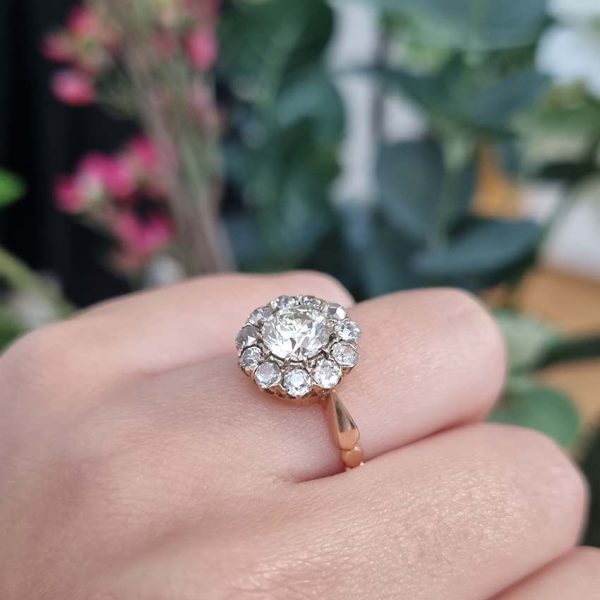 Antique Old Cut Diamond Cluster Engagement Ring, 2.06 carats, 1.06ct old cut diamond surrounded by 1ct of old cut diamonds in 18ct French red/rose blush yellow gold with lozenge detailed shoulders