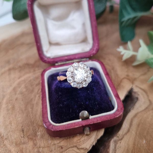 Antique Old Cut Diamond Cluster Engagement Ring, 2.06 carats, 1.06ct old cut diamond surrounded by 1ct of old cut diamonds in 18ct French red/rose blush yellow gold with lozenge detailed shoulders