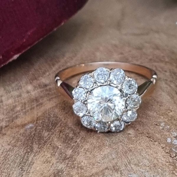 Antique Old Cut Diamond Cluster Engagement Ring, 2.06 carats, 1.06ct old cut diamond surrounded by 1ct of old cut diamonds in 18ct French red/rose blush yellow gold with lozenge detailed shoulders