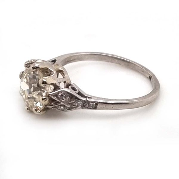 Art Deco 1.90ct Old Mine Cut Diamond Solitaire Engagement Ring in Platinum, single stone 1.90ct old mine-cut diamond coronet set with diamond split shoulders