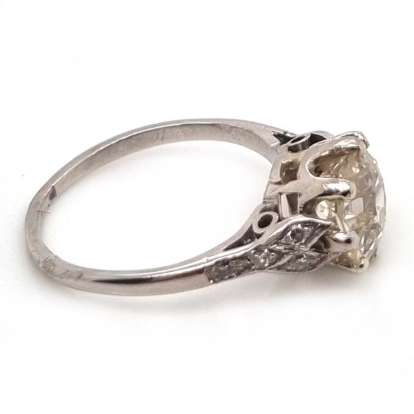Art Deco 1.90ct Old Mine Cut Diamond Solitaire Engagement Ring in Platinum, single stone 1.90ct old mine-cut diamond coronet set with diamond split shoulders