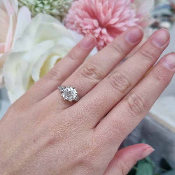 Art Deco 1.90ct Old Mine Cut Diamond Solitaire Engagement Ring in Platinum, single stone 1.90ct old mine-cut diamond coronet set with diamond split shoulders