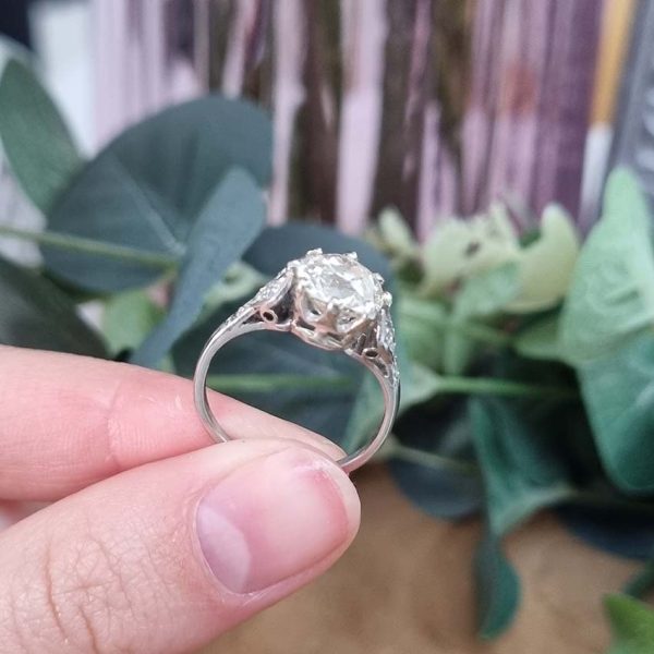 Art Deco 1.90ct Old Mine Cut Diamond Solitaire Engagement Ring in Platinum, single stone 1.90ct old mine-cut diamond coronet set with diamond split shoulders