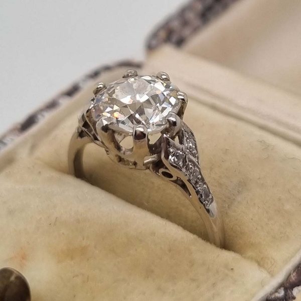Art Deco 1.90ct Old Mine Cut Diamond Solitaire Engagement Ring in Platinum, single stone 1.90ct old mine-cut diamond coronet set with diamond split shoulders
