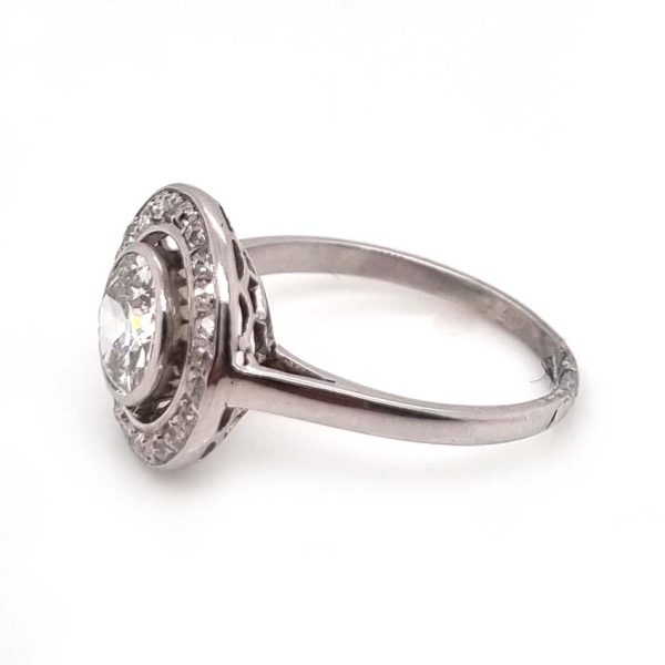 Art Deco 1.25ct Old Cut Diamond Halo Cluster Engagement Ring, 1.25ct old European cut diamond surrounded by fixed halo of old mine-cut diamonds in platinum
