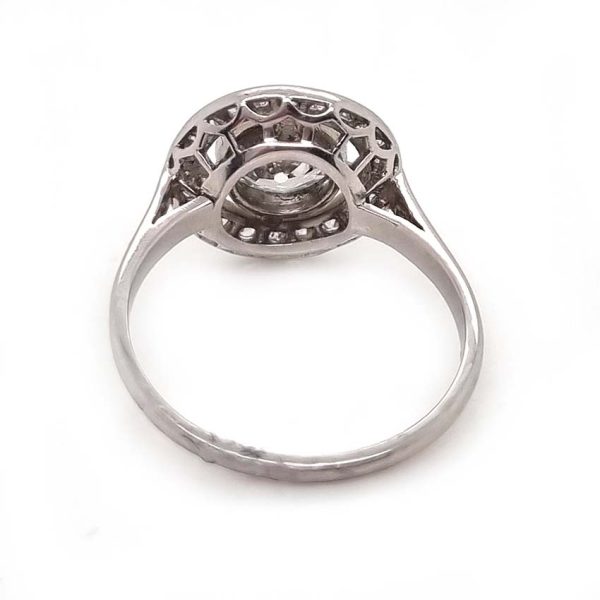 Art Deco 1.25ct Old Cut Diamond Halo Cluster Engagement Ring, 1.25ct old European cut diamond surrounded by fixed halo of old mine-cut diamonds in platinum
