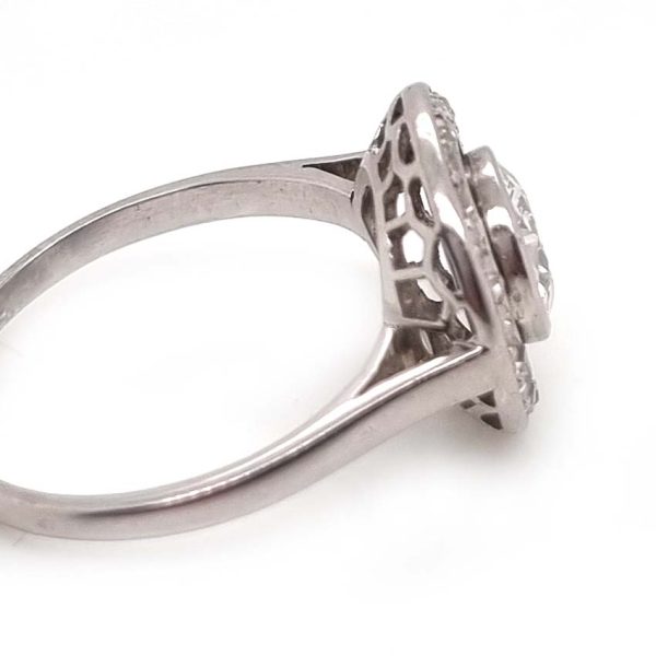 Art Deco 1.25ct Old Cut Diamond Halo Cluster Engagement Ring, 1.25ct old European cut diamond surrounded by fixed halo of old mine-cut diamonds in platinum