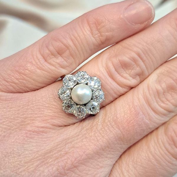Art Deco Natural Pearl and Diamond Cluster Ring