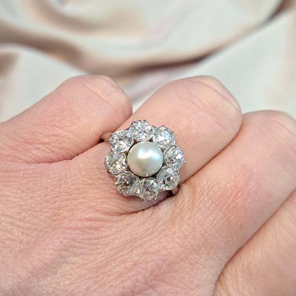 Art Deco Natural Pearl and Diamond Cluster Ring
