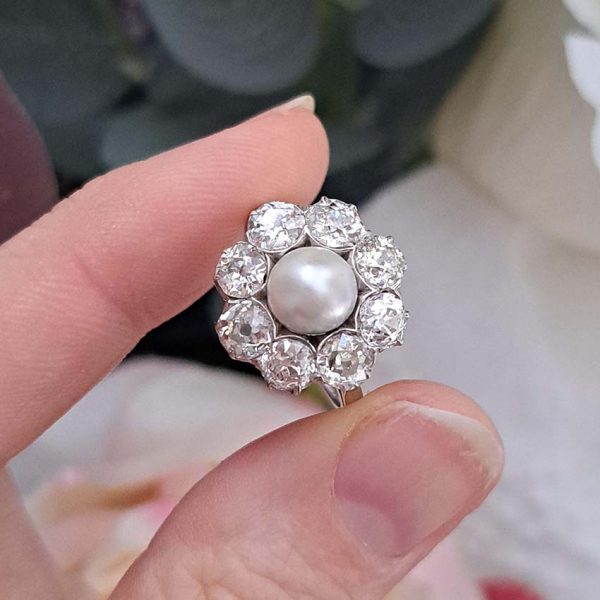 Art Deco Natural Pearl and Diamond Cluster Ring