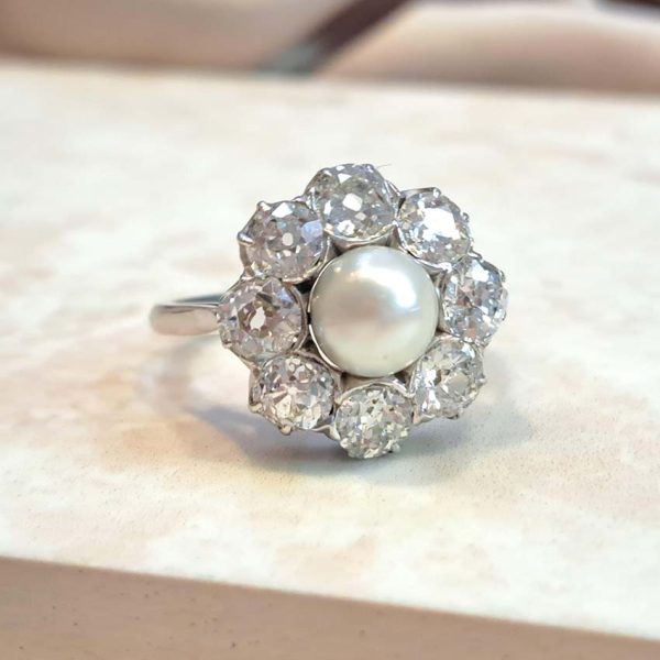Art Deco Natural Pearl and Diamond Cluster Ring