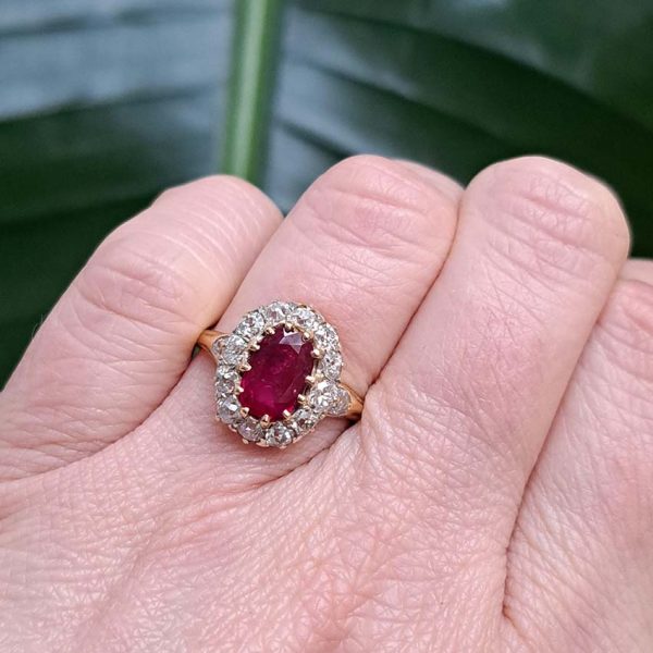 Vintage Burma Ruby and Diamond Cluster Ring in 18ct Yellow Gold