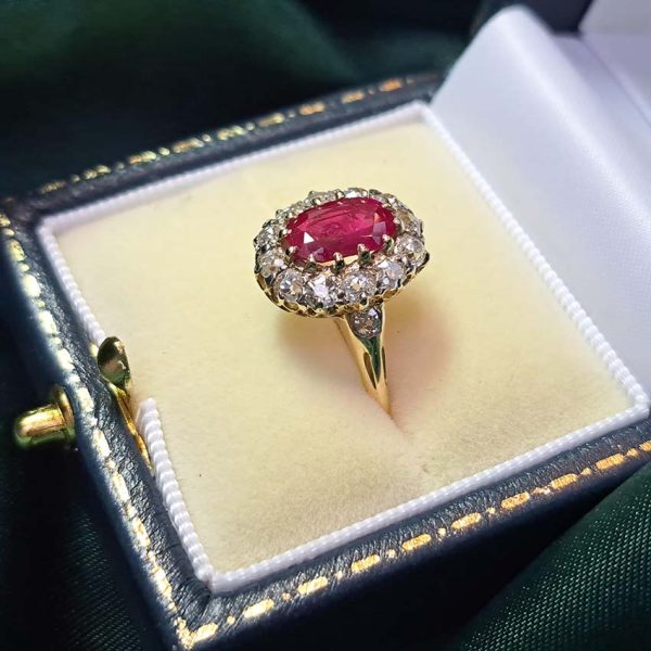 Vintage Burma Ruby and Diamond Cluster Ring in 18ct Yellow Gold