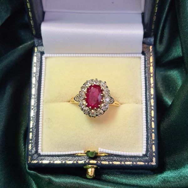 Vintage Burma Ruby and Diamond Cluster Ring in 18ct Yellow Gold