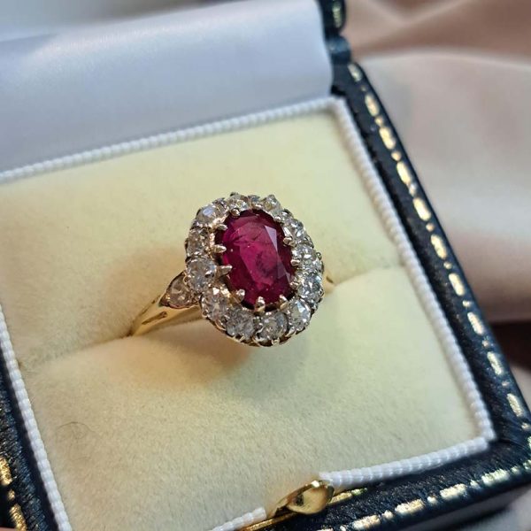 Vintage Burma Ruby and Diamond Cluster Ring in 18ct Yellow Gold