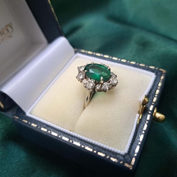 Vintage 2ct Oval Emerald and Diamond Cluster Ring in 18ct White Gold