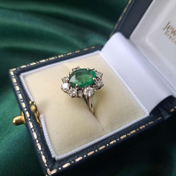 Vintage 2ct Oval Emerald and Diamond Cluster Ring in 18ct White Gold