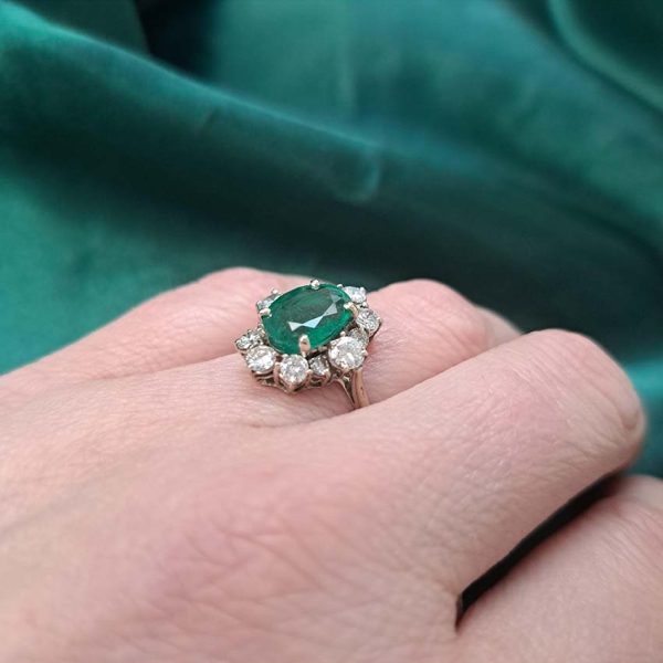 Vintage 2ct Oval Emerald and Diamond Cluster Engagement Ring in 18ct White Gold