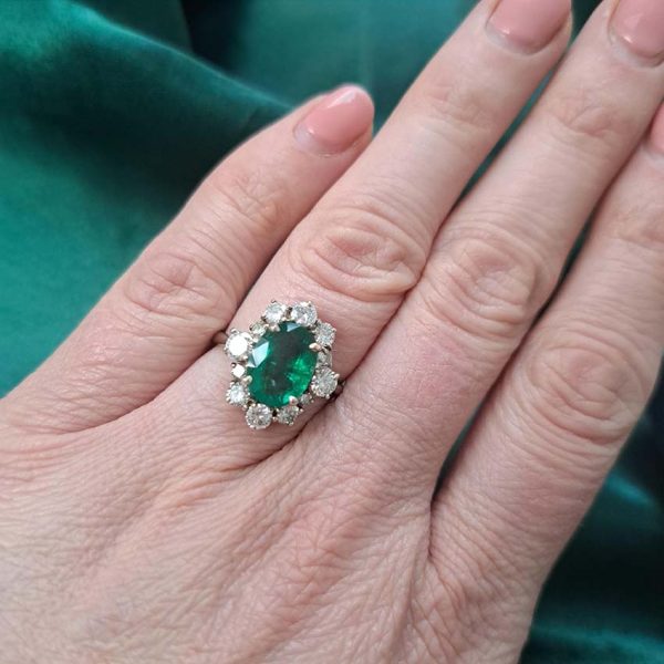 Vintage Oval Emerald and Diamond Cluster Ring in 18ct White Gold