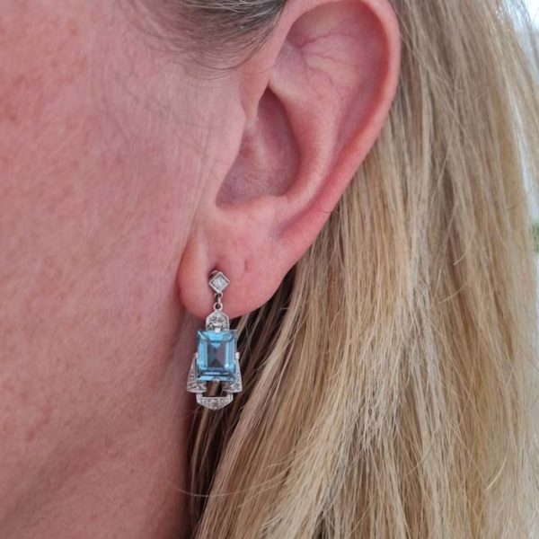 Art Deco Aquamarine and Diamond Drop Earrings