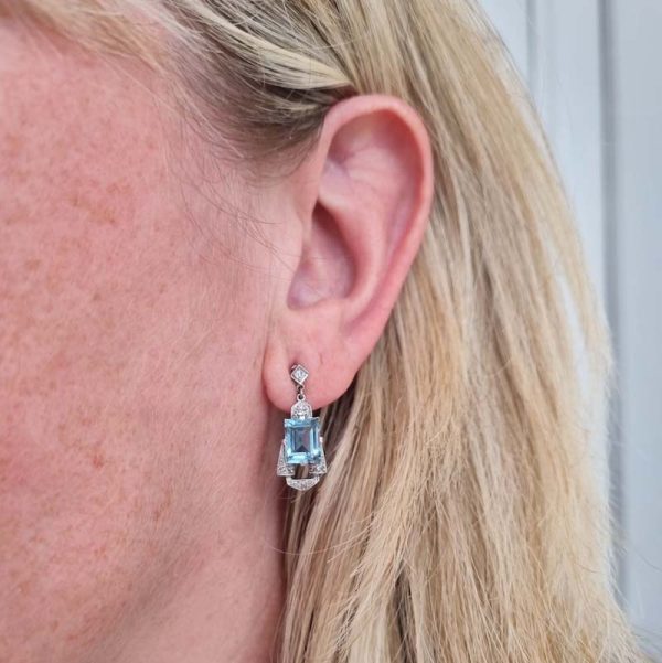 Art Deco Aquamarine and Diamond Drop Earrings