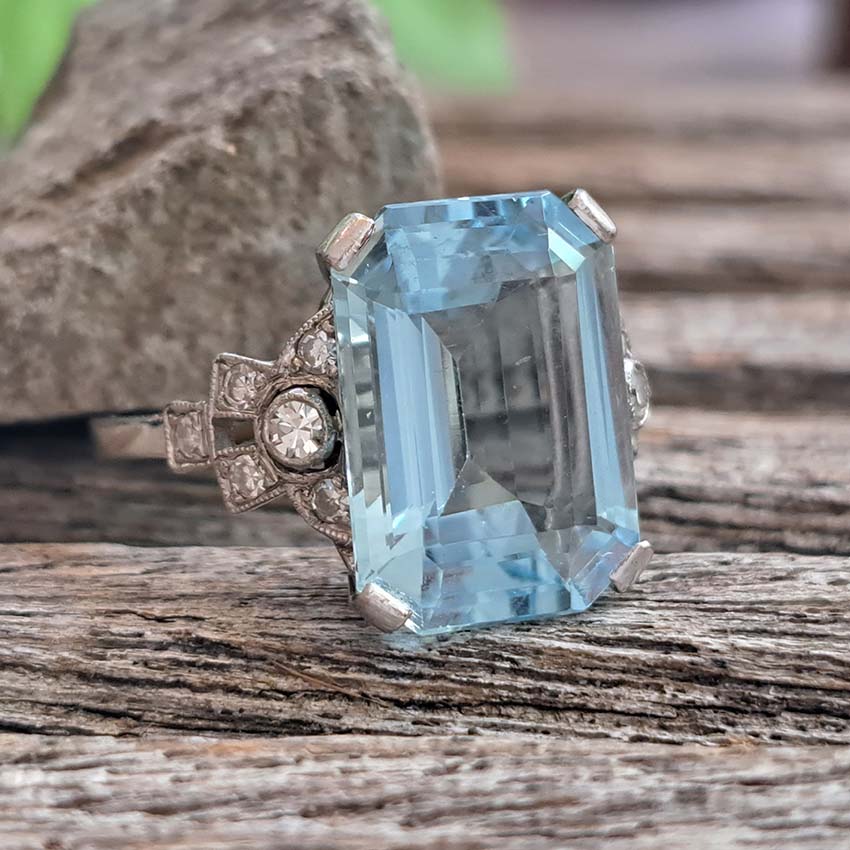 Art Deco 7ct Aquamarine and Diamond Statement Ring