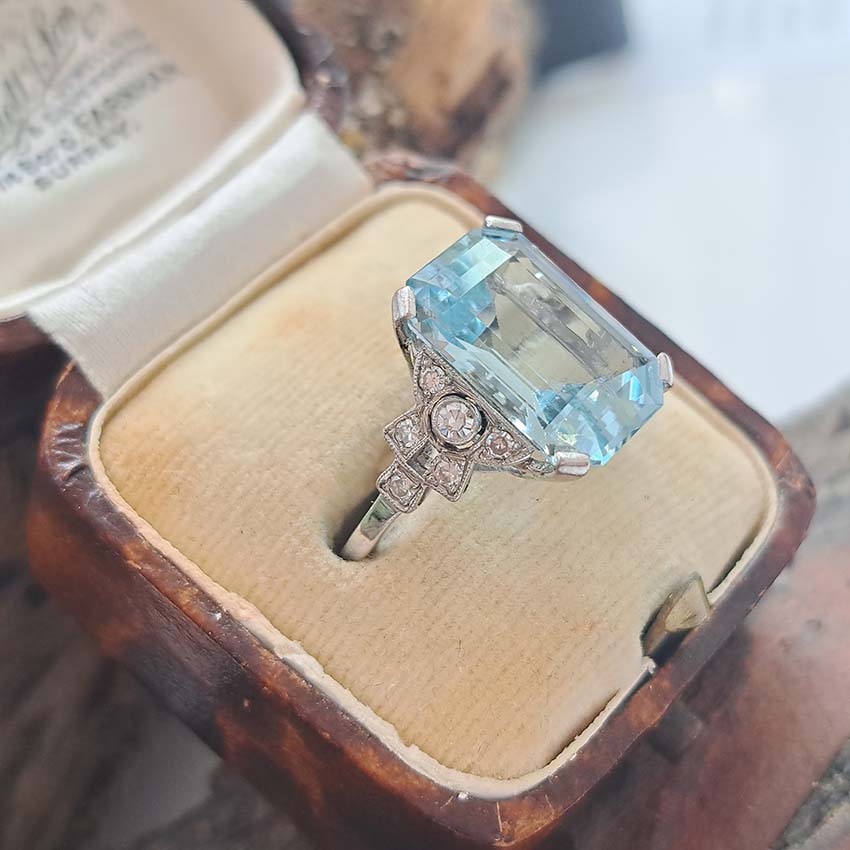 Art Deco 7ct Aquamarine and Diamond Statement Ring
