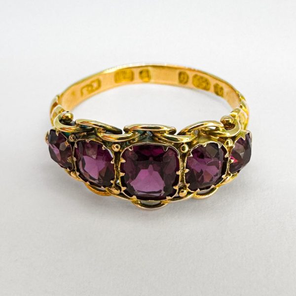 Antique Victorian almandine garnet five stone ring in 15ct yellow gold