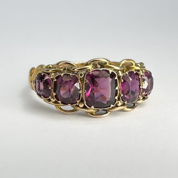 Antique Victorian almandine garnet five stone ring in 15ct yellow gold