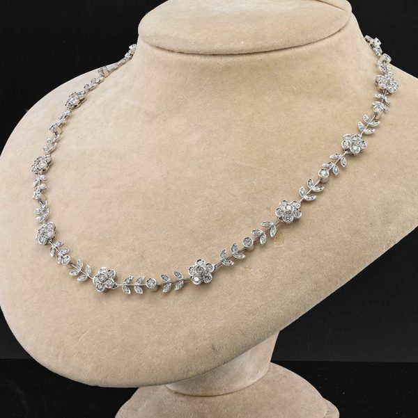 Vintage Italian 6.5ct Diamond Flower Cluster Collar Necklace, G VVS, delicate foliage and daisy flowers combination set with 180 fine quality brilliant-cut diamonds in 18ct white gold. Circa 1990