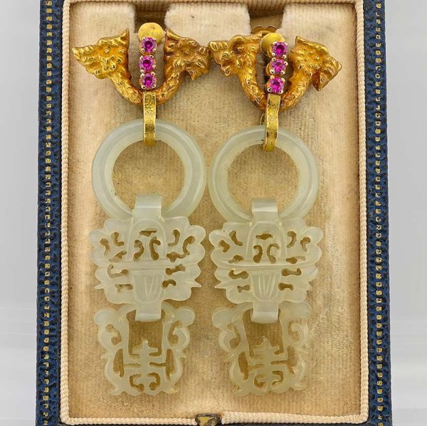 Antique Carved White Jade Dragon Drop Earrings, white jade beautifully carved sculptured dragon's head design in 18ct yellow gold with screw back fittings. Circa 1900