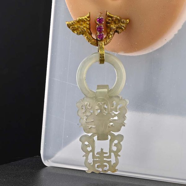 Antique Carved White Jade Dragon Drop Earrings in 18ct yellow gold with screw back fittings. Circa 1900
