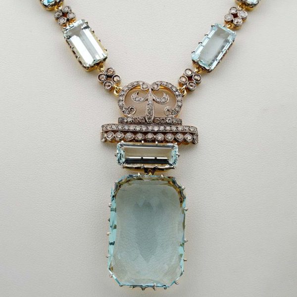 Impressive Rare Unique Vintage Retro 49cts Aquamarine and 4.25ct Diamond Pendant Necklace in Platinum and 18ct Yellow Gold, Circa 1930s 1940s