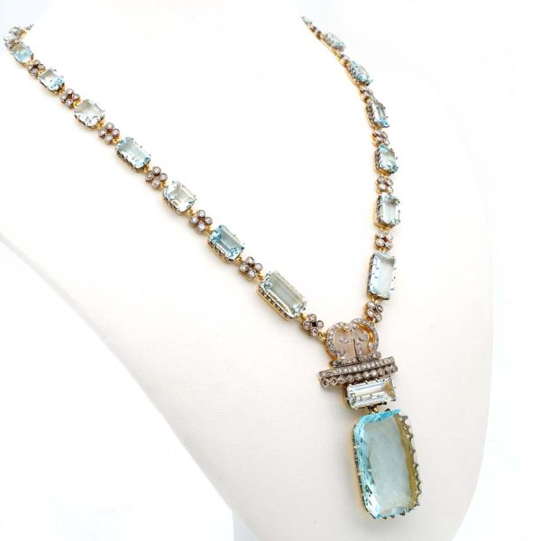 Impressive Rare Unique Vintage Retro 49cts Aquamarine and 4.25ct Diamond Pendant Necklace in Platinum and 18ct Yellow Gold, Circa 1930s 1940s