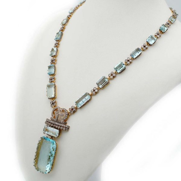 Impressive Rare Unique Vintage Retro 49cts Aquamarine and 4.25ct Diamond Pendant Necklace in Platinum and 18ct Yellow Gold, Circa 1930s 1940s