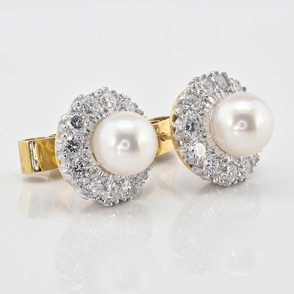 Vintage Pearl and Diamond Cluster Stud Earrings, 8mm white silvery natural saltwater cultured pearls surrounded by 2.40 carats of round brilliant-cut diamonds in 18ct gold