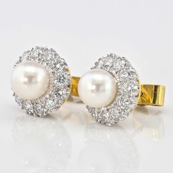Vintage Pearl and Diamond Cluster Stud Earrings, 8mm white silvery natural saltwater cultured pearls surrounded by 2.40 carats of round brilliant-cut diamonds in 18ct gold
