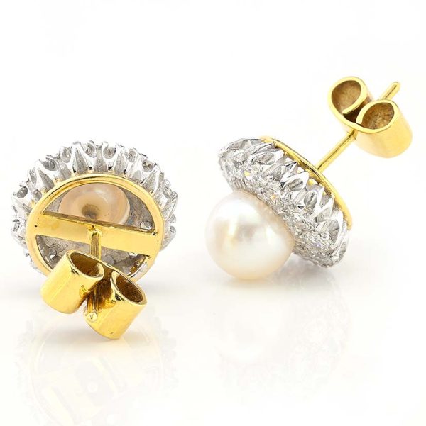 Vintage Pearl and Diamond Cluster Stud Earrings, 8mm white silvery natural saltwater cultured pearls surrounded by 2.40 carats of round brilliant-cut diamonds in 18ct gold