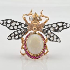 Vintage 1940s Retro 14ct Opal Diamond Ruby Insect Brooch, 14cts opal with ruby surround and rose-cut diamond set wings in silver upon 18ct yellow gold